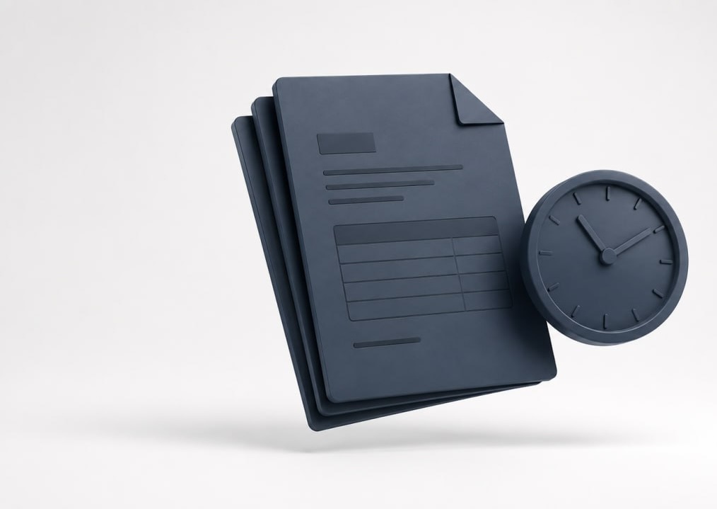 A stack of invoices beside a clock, symbolizing fast, organized business payments