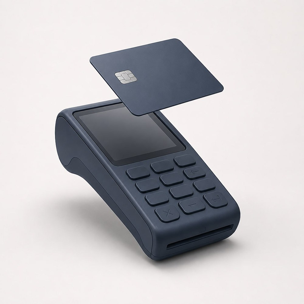 A card tapping a payment terminal, symbolizing instant card acceptance